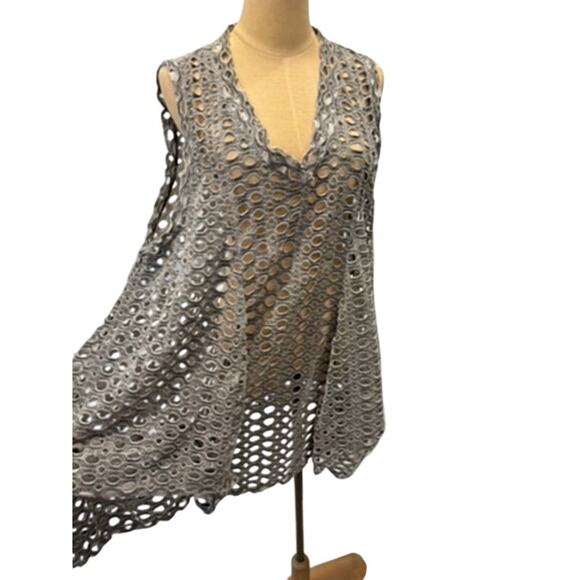 "NEON BUDDHA" Sleeveless Tunic Top Fishnet Gauze Beachy Ruched Across Front SZ M - Picture 2 of 10